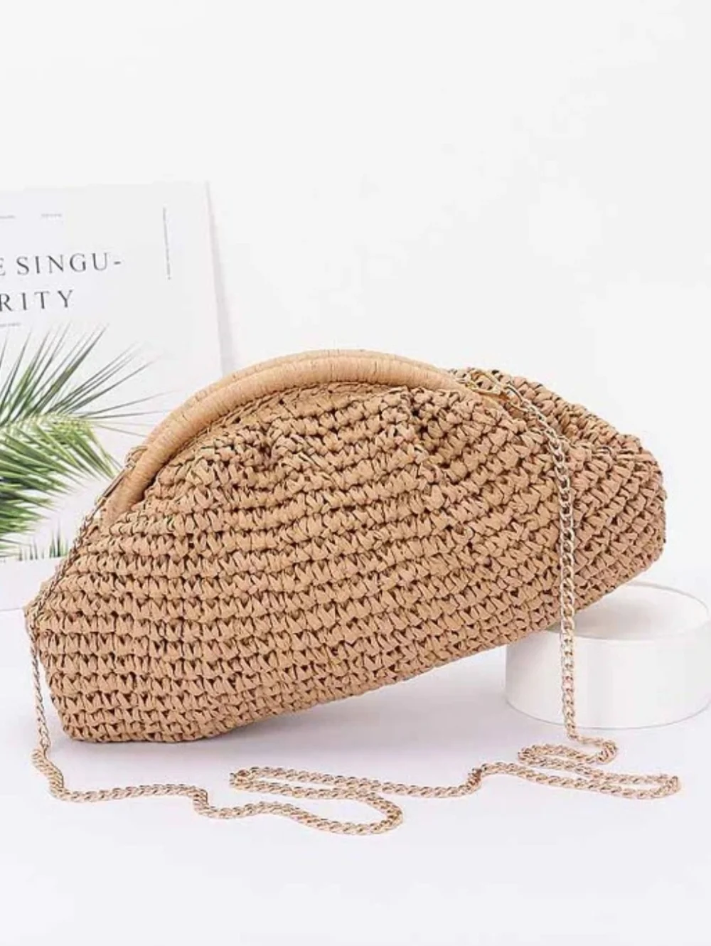 Woven Straw Clutch with Gold Chain - Tan
